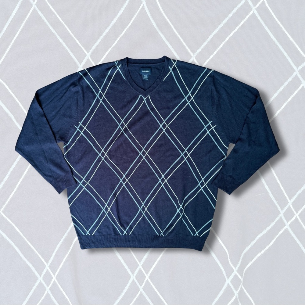 Harbor Bay Dark Blue Argyle V-Neck Sweater